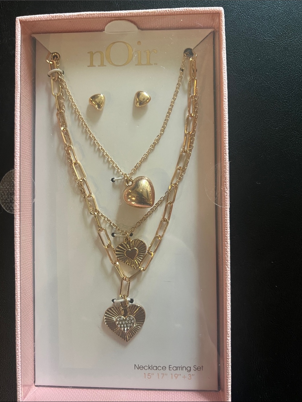 nOir Jewelry Gold Layered Heart Necklace and Stud Set